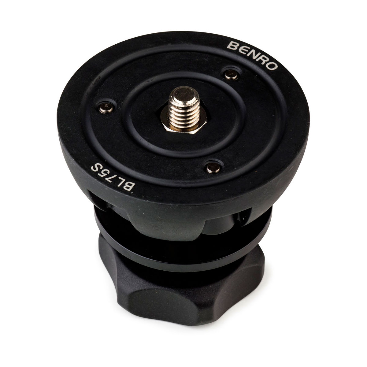 Musta Benro 75mm Half Ball Adapter, jossa on keskimmäinen kiinnitysruuvi ja pyöreä alusta, joka on suunniteltu kameroiden vakauttamiseen jalustoilla.