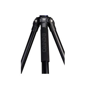 Close-up of the Benro TMA47AL Mach3 tripod with three black legs, padded handle and BENRO brand name printed on the middle leg.