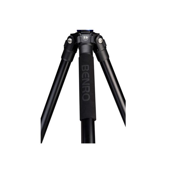 Close-up of the Benro TMA47AL Mach3 tripod with three black legs, padded handle and BENRO brand name printed on the middle leg.