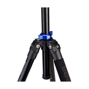 Close-up of the Benro TMA47AL Mach3 tripod with three black legs, blue adjustment ring and articulated locks. One of the legs bears the BENRO branding; shown against a white background.