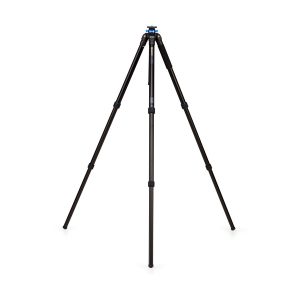 The Benro TMA47AL Mach3 tripod is a black, tripod camera stand with slim legs and adjustable height, with blue accent at the top for camera mounting, shown open on a white background.