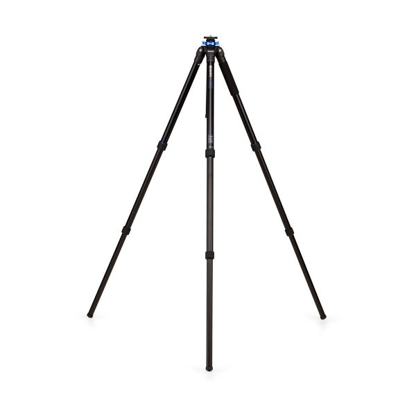 The Benro TMA47AL Mach3 tripod is a black, tripod camera stand with slim legs and adjustable height, with blue accent at the top for camera mounting, shown open on a white background.