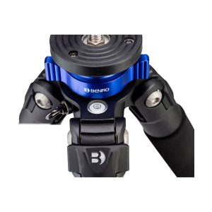 Close-up of the Benro TMA47AL Mach3 tripod in black and blue, highlighting its central mechanism and leg joints and the Benro logo.