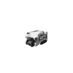 DJI Mini 4 Pro -lennokki näkyy taitettuna, ja siinä on näkyvissä kameran linssi, anturit, mustat potkurivarret ja valkoinen runko valkoista taustaa vasten.