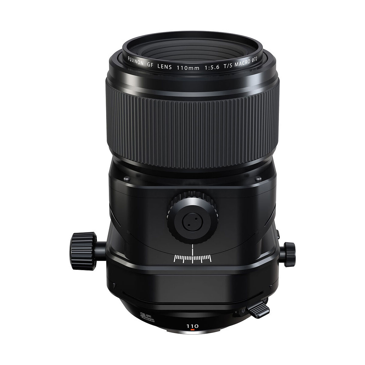 Musta Fujifilm Fujinon GF 110mm f/5.6 T/S -objektiivi, jossa on säätönupit, näkyy pystyssä valkoisella taustalla.