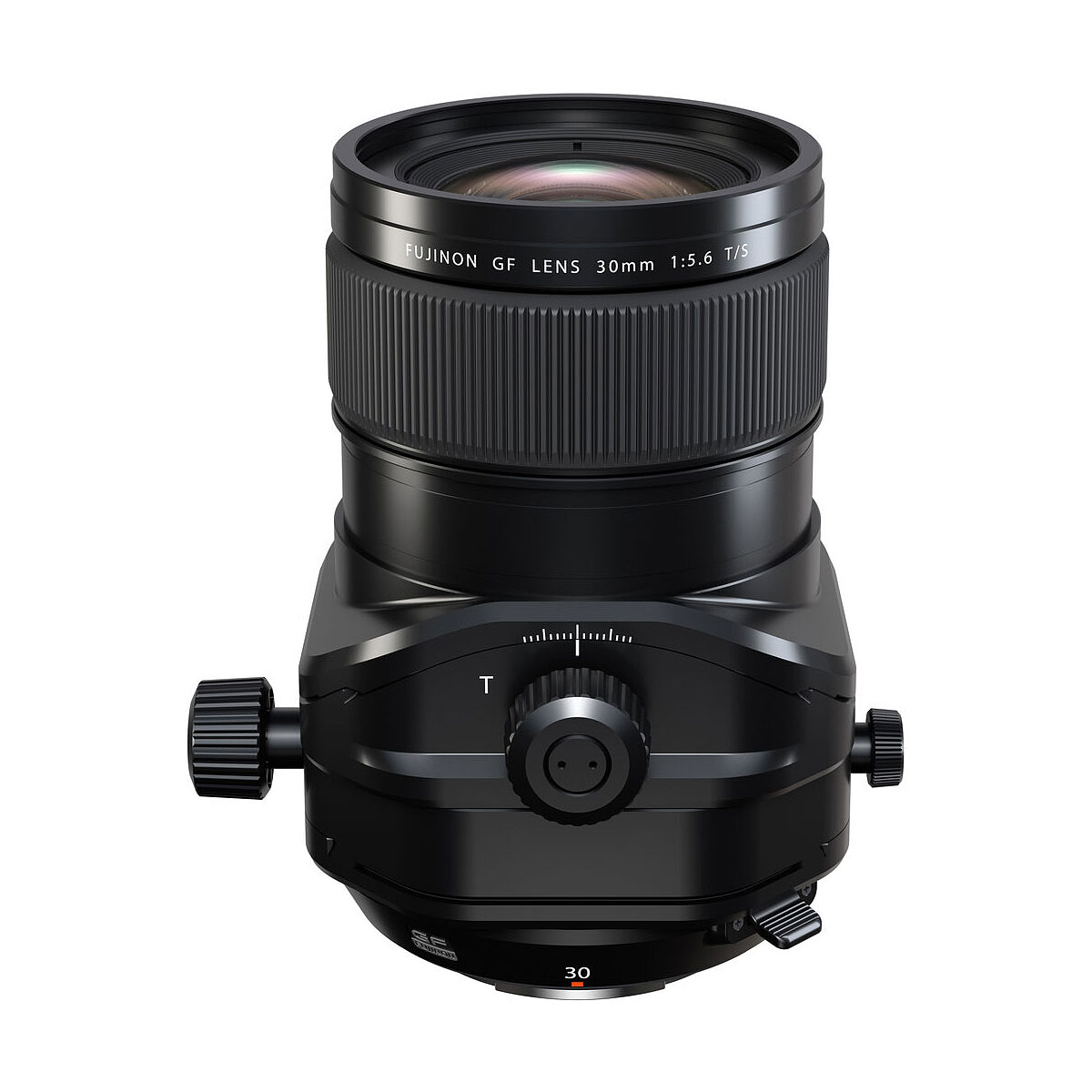 Fujifilm Fujinon GF 30mm f/5.6 T/S -objektiivi on esitetty pystyssä valkoista taustaa vasten, mikä korostaa sen mustaa viimeistelyä, tarkennus-, kallistus- ja siirtosäätönuppia sekä merkittyjä säätörenkaita.