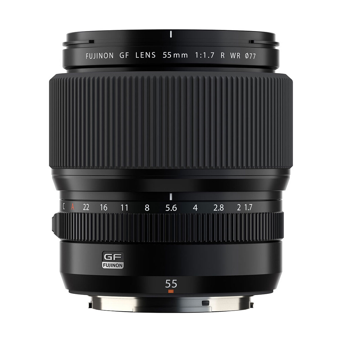 A Fujifilm Fujino GF 55mm f/1.7 R WR lens stands upright against a white background. The black lens has a visible focus ring and aperture ring with technical information labels.