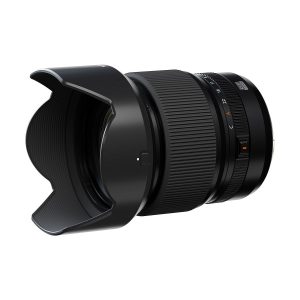 The Fujifilm Fujino GF 55mm f/1.7 R WR features a petal-shaped hood, textured focus and zoom rings and clear aperture and focal length markings on its barrel, which is positioned at a slight angle against a white background.