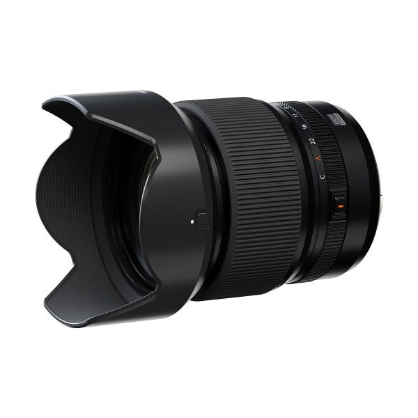 The Fujifilm Fujino GF 55mm f/1.7 R WR features a petal-shaped hood, textured focus and zoom rings and clear aperture and focal length markings on its barrel, which is positioned at a slight angle against a white background.
