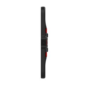 Joby StandPoint iPhone 12 Pro Max - kotelo on ohut, musta suorakulmainen kotelo sivulta kuvattuna, jossa on punaiset painikkeet ja keskusliitin, jota korostavat pienet pyöreät yksityiskohdat.