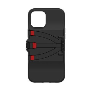 Joby StandPoint iPhone 12 Pro Max - kotelo on musta puhelinkotelo, jossa on korotettuja kaarevia mustia viivoja ja punaisia korostuksia hihnamaisessa kuviossa, joka näkyy tavallisella valkoisella pohjalla.