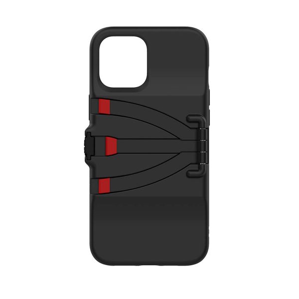 Joby StandPoint iPhone 12 Pro Max - kotelo on musta puhelinkotelo, jossa on korotettuja kaarevia mustia viivoja ja punaisia korostuksia hihnamaisessa kuviossa, joka näkyy tavallisella valkoisella pohjalla.