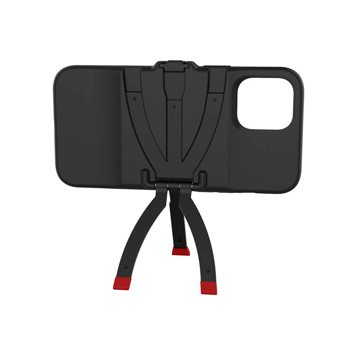 Joby StandPoint iPhone 12 Pro Max - kotelo näkyy pystyssä integroidun kokoontaitettavan jalustan kanssa. Kaksi jalkaa, joissa on punaiset kärjet, tukevat puhelinta vaakasuunnassa.