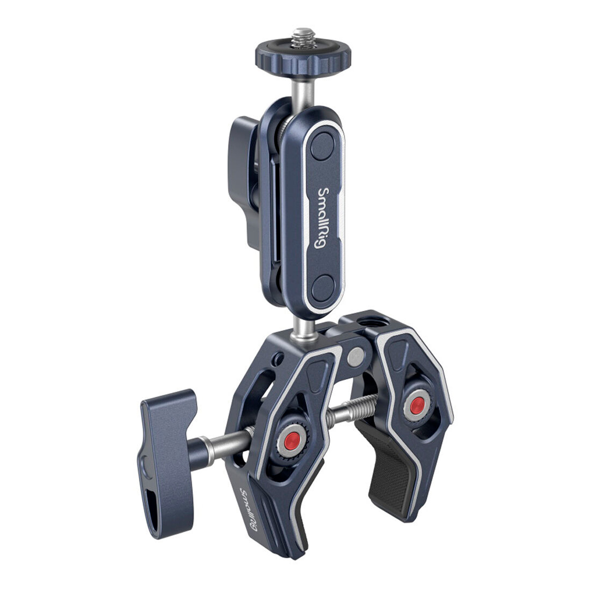 The SmallRig 3757 Crab-Shaped Clamp with Ballhead Magic Arm, finished in metallic blue, features adjustable screws and a rotating knob for securely attaching cameras or accessories to a variety of surfaces. The SmallRig logo is displayed on the device.