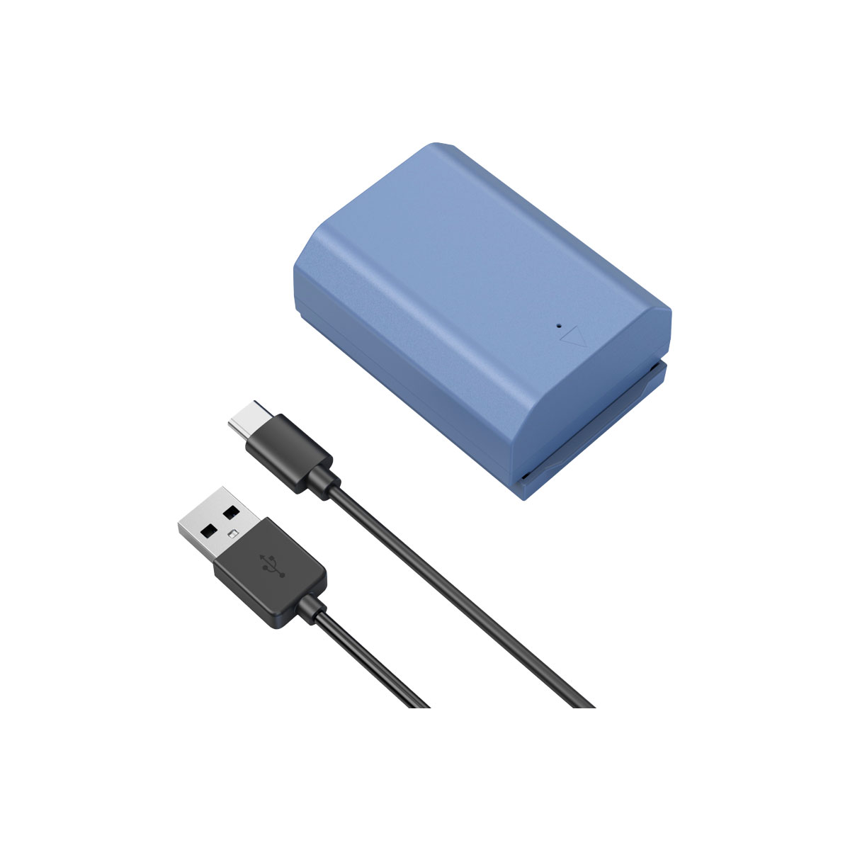 SmallRig 4265 USB-C ladattava kamera-akku NP-FZ100 (sininen, suorakulmainen) ja musta USB-A-USB-C-latauskaapeli näkyvät valkoisella pohjalla.