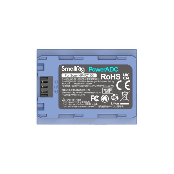 SmallRig_2465_002 Blue SmallRig 4265 USB-C rechargeable camera battery NP-FZ100 with product information, certification logos and safety information printed on the label.