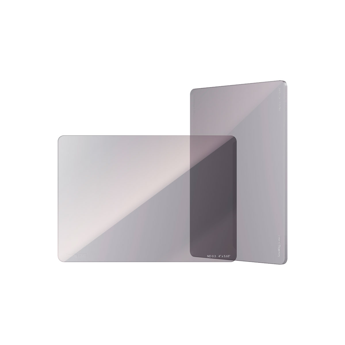 Two SmallRig 4224 Cine Filter 4x5,65" ND0,3 (1 stop) rectangular grey-tinted lens filters stand upright against a white background - one at an angle in front and the other vertically behind.