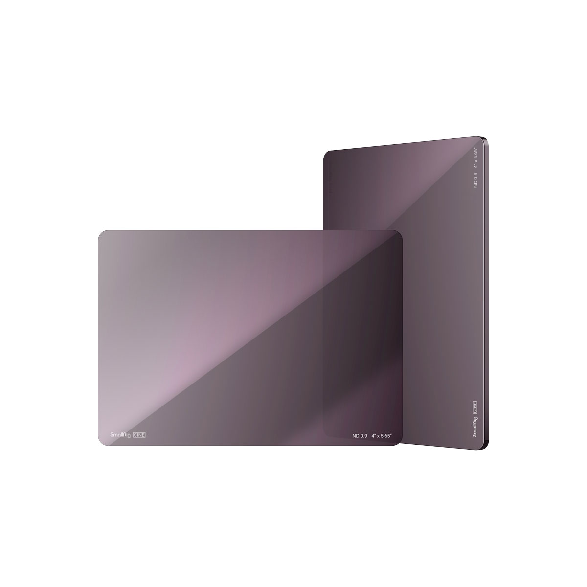SmallRig_4225-Cine-Filter_001 Two rectangular, semi-transparent SmallRig 4225 Cine Filter 4x5.65" ND0.9 (3 stop) lens filters with purple tint - one vertical, one flat - both with rounded corners and subtle edge lettering.