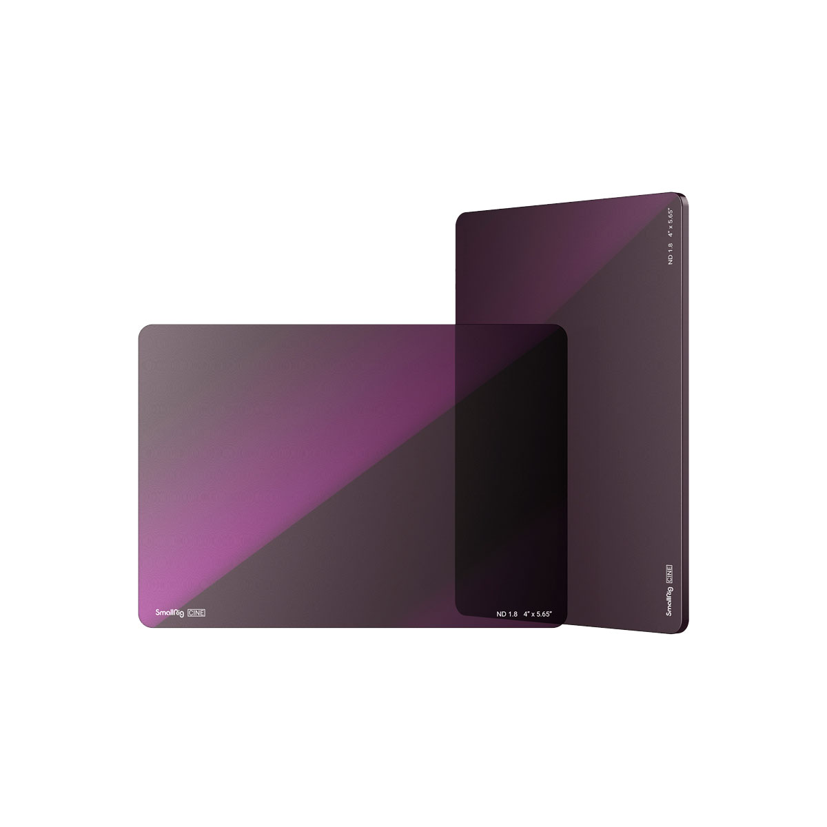 Two SmallRig 4228 Cine Filter 4x5.65" ND2.1 (7 stop) rectangular lens filters with purple gradient tint, one upright and the other leaning against it, with a label in each corner, on a white background.