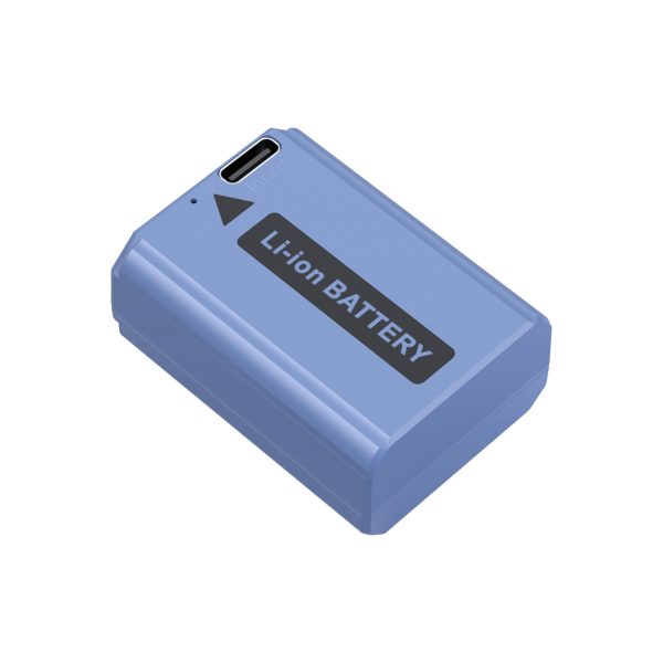 Blue SmallRig 4330 USB-C rechargeable camera battery NP-FW50 with black Li-ion BATTERY marking and USB-C charging port at one end, isolated by a white background.