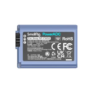 The grey and blue SmallRig 4330 USB-C rechargeable camera battery NP-FW50, labelled for Sony cameras, has technical specifications, certification logos and safety warnings on the front.