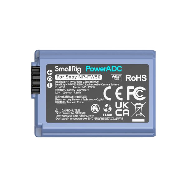 The grey and blue SmallRig 4330 USB-C rechargeable camera battery NP-FW50, labelled for Sony cameras, has technical specifications, certification logos and safety warnings on the front.
