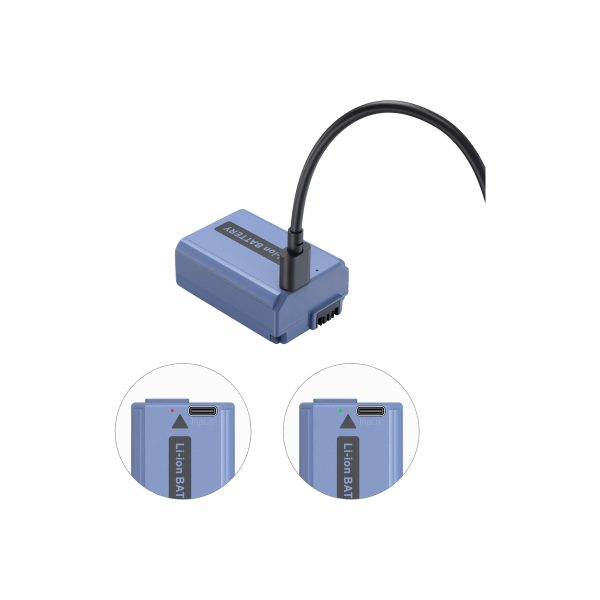 Blue SmallRig 4330 USB-C rechargeable camera battery NP-FW50 adapter with black cable. The two close-ups show the battery's LED lights, one labelled "Li-ion BAT", one red and one green.