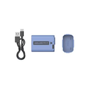 The SmallRig 4330 USB-C rechargeable camera battery NP-FW50, its blue battery, matching cover and black USB-A to USB-C charging cable are shown side by side on a white background.