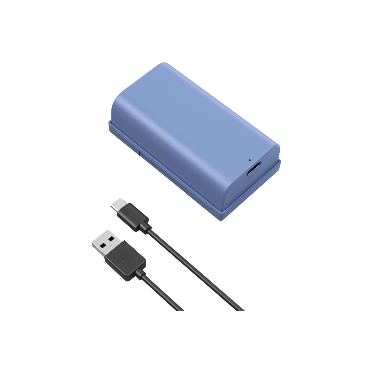 The blue SmallRig 4331 USB-C rechargeable camera battery NP-F550 is visible above the black USB-A and USB-C charging cable on a white background.