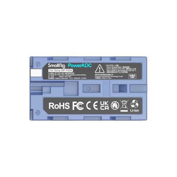 Blue SmallRig 4331 USB-C rechargeable camera battery NP-F550 with certification symbols, warning information and recycling icons on the front.