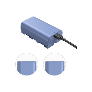The SmallRig 4331 USB-C rechargeable camera battery NP-F550 is blue and rectangular, with a connected cable; the two close-ups show a red and green indicator light for the different charging modes.