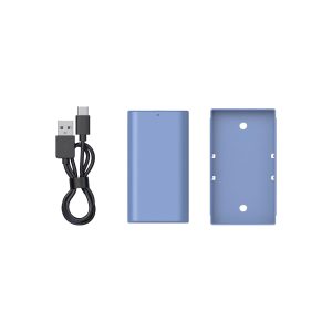 The SmallRig 4331 USB-C rechargeable camera battery NP-F550 with black USB-C cable and blue cover with three holes is side by side on a white background.