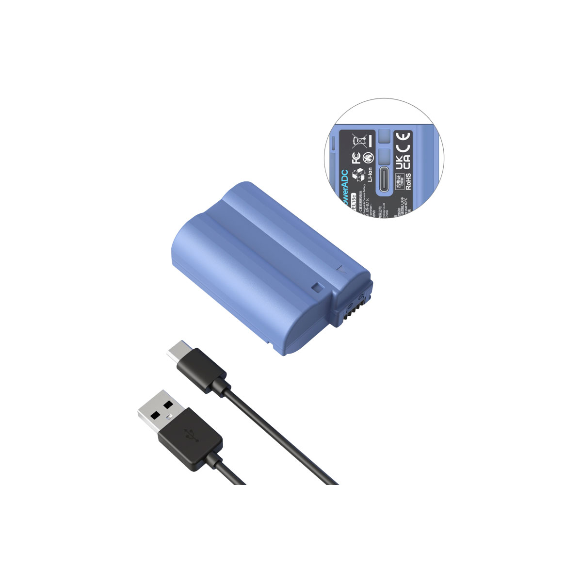 SmallRig 4332 USB-C ladattava kamera-akku EN-EL15c, kuvassa lähikuvassa etiketti mustan USB-A-USB-C-latauskaapelin vieressä valkoisella pohjalla.