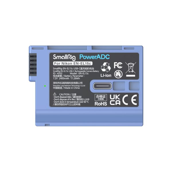 Sininen SmallRig 4332 USB-C ladattava kamera-akku EN-EL15c, jonka etikettiin on painettu sertifiointisymbolit, tekniset tiedot ja turvallisuusvaroitukset.