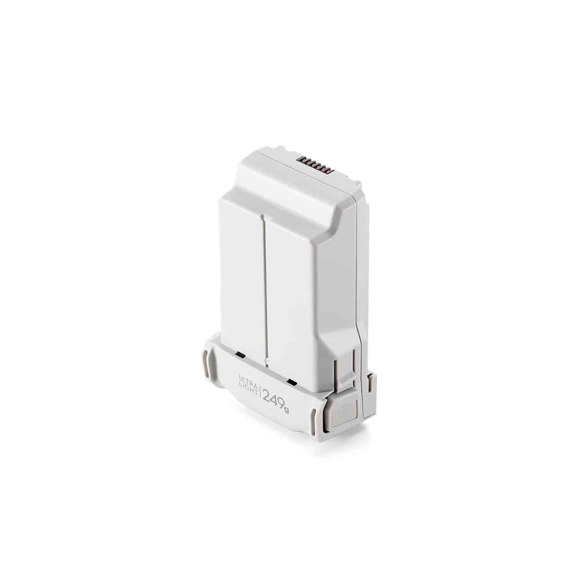 DJI Mini 4 Pro Intelligent Flight -akku, valkoinen suorakaiteen muotoinen pakkaus, jonka kylkeen on merkitty 1240 mAh ja joka on suunniteltu lennokkeihin, seisoo pystyssä valkoista taustaa vasten.