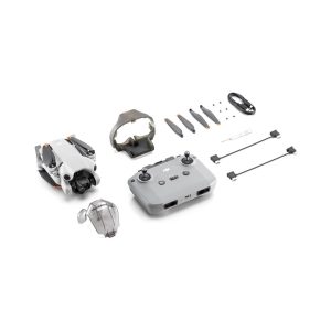 The DJI Mini 4 Pro drone kit contains the folded drone, remote control, battery charger, propellers, cables, screws and propeller guards neatly arranged on a white background.