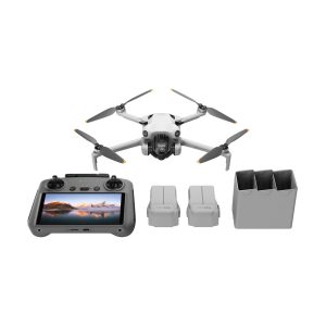 The DJI Mini 4 Pro Fly More Combo + RC2 Controller shows off a remote control with a built-in display, two batteries and a three-seat charging hub on a white background.