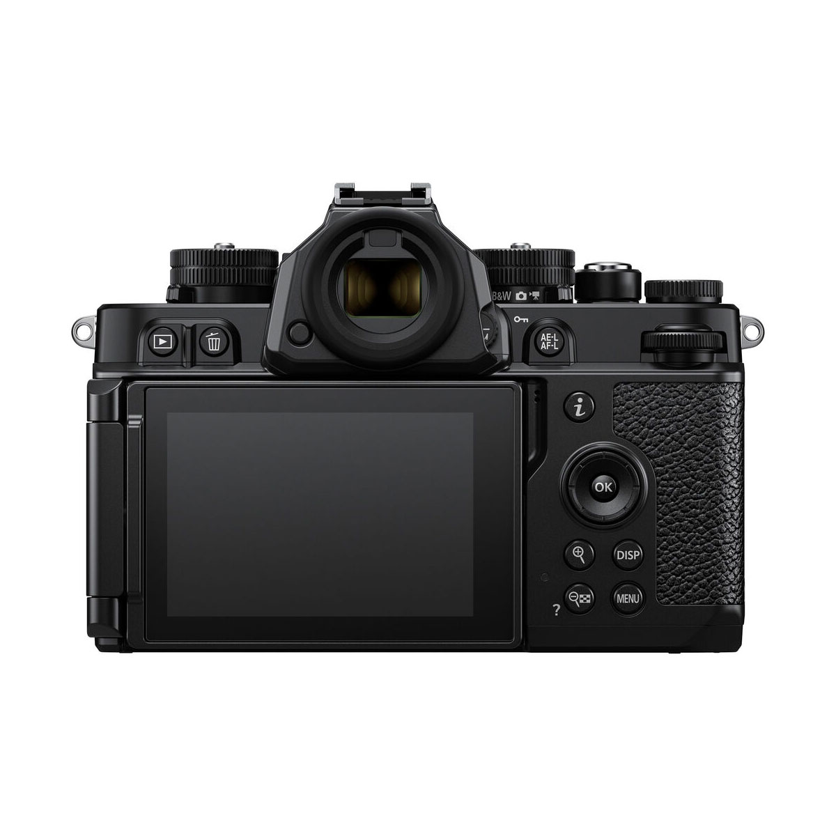 Kuvassa on Nikon Zf -järjestelmäkameran takakuva, musta, jossa on suuri nestekidenäyttö, useita painikkeita ja valintakiekkoja, kuvioitu oikeanpuoleinen kahva ja keskelle sijoitettu elektroninen etsin.