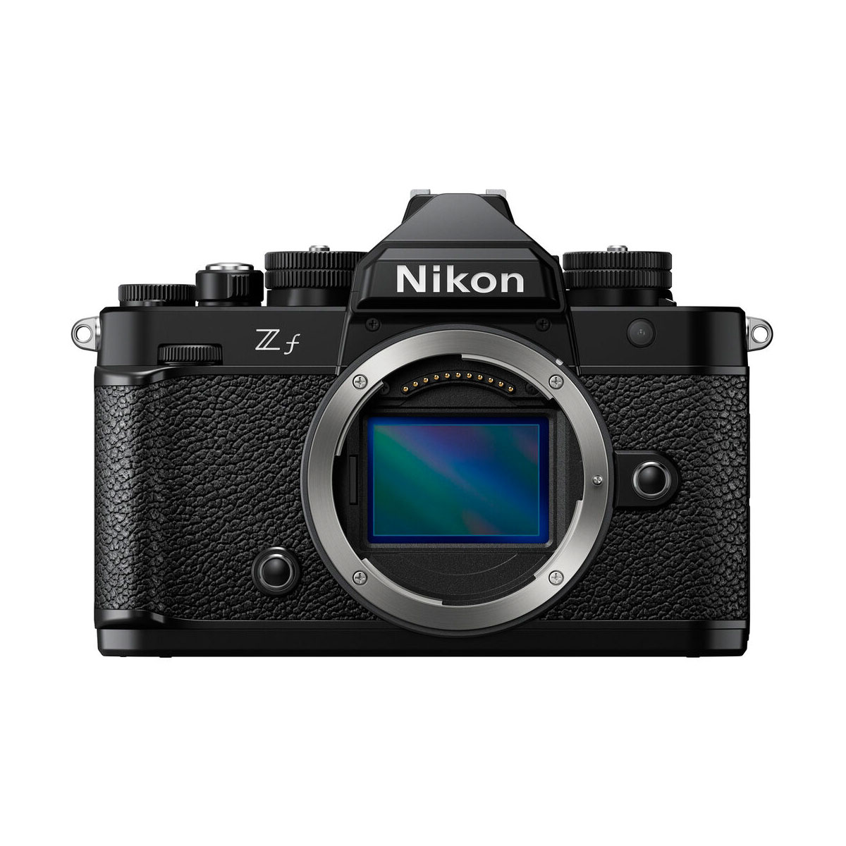 Black front view of the Nikon Zf system camera, showing the sensor, textured grip, retro-style dials and Nikon logo on top.