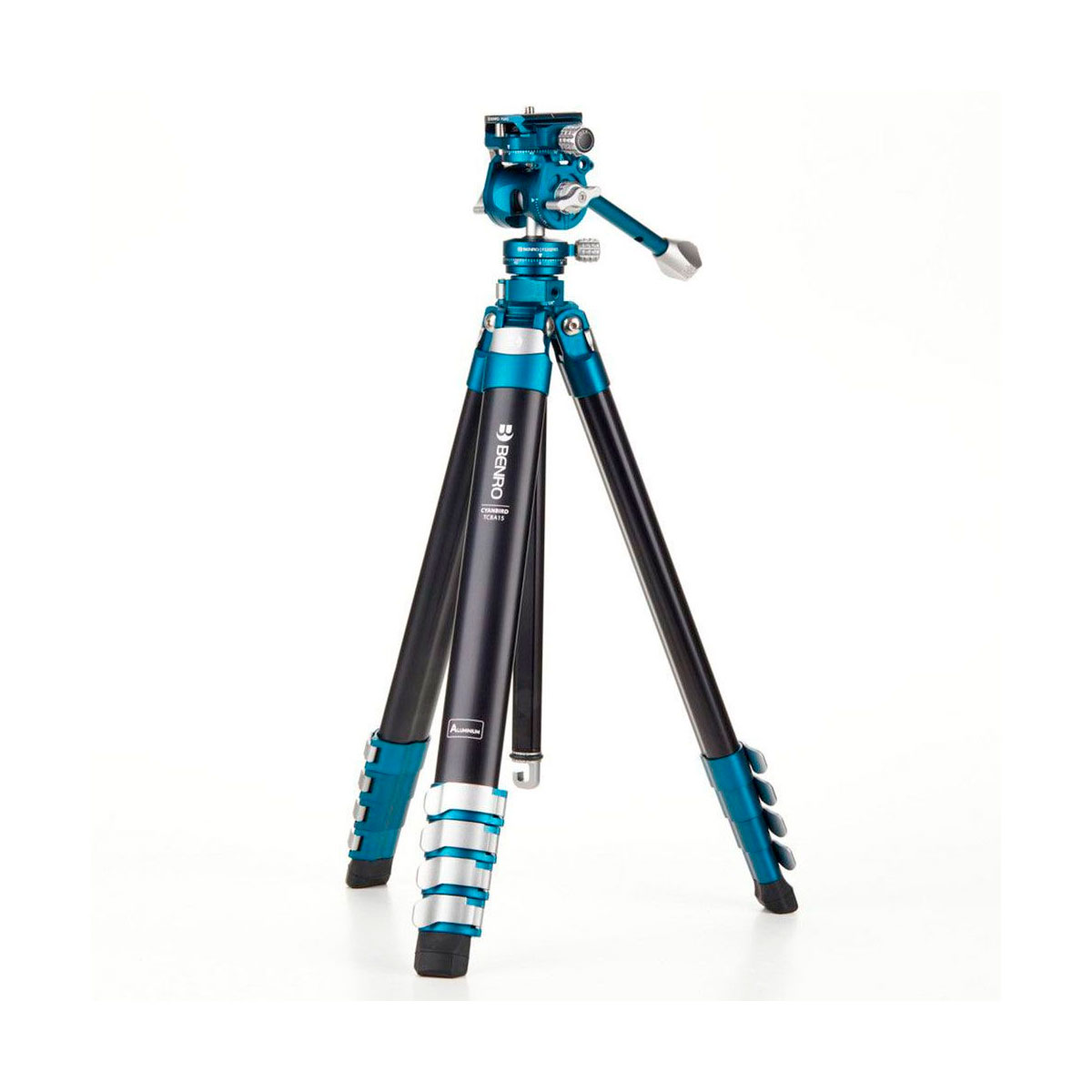 Benro Cyanbird Aluminium Tripod with FS20PRO head -jalustassa on teleskooppijalat ja säädettävä pää, värit teal ja musta, kuvassa valkoisella pohjalla.