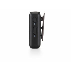 Sivukuva DJI Mic Single Set -langaton mikrofonijärjestelmä, pieni musta laite, jossa on REC- ja Bluetooth-painikkeet ja klipsi oikealla puolella, valkoista taustaa vasten.