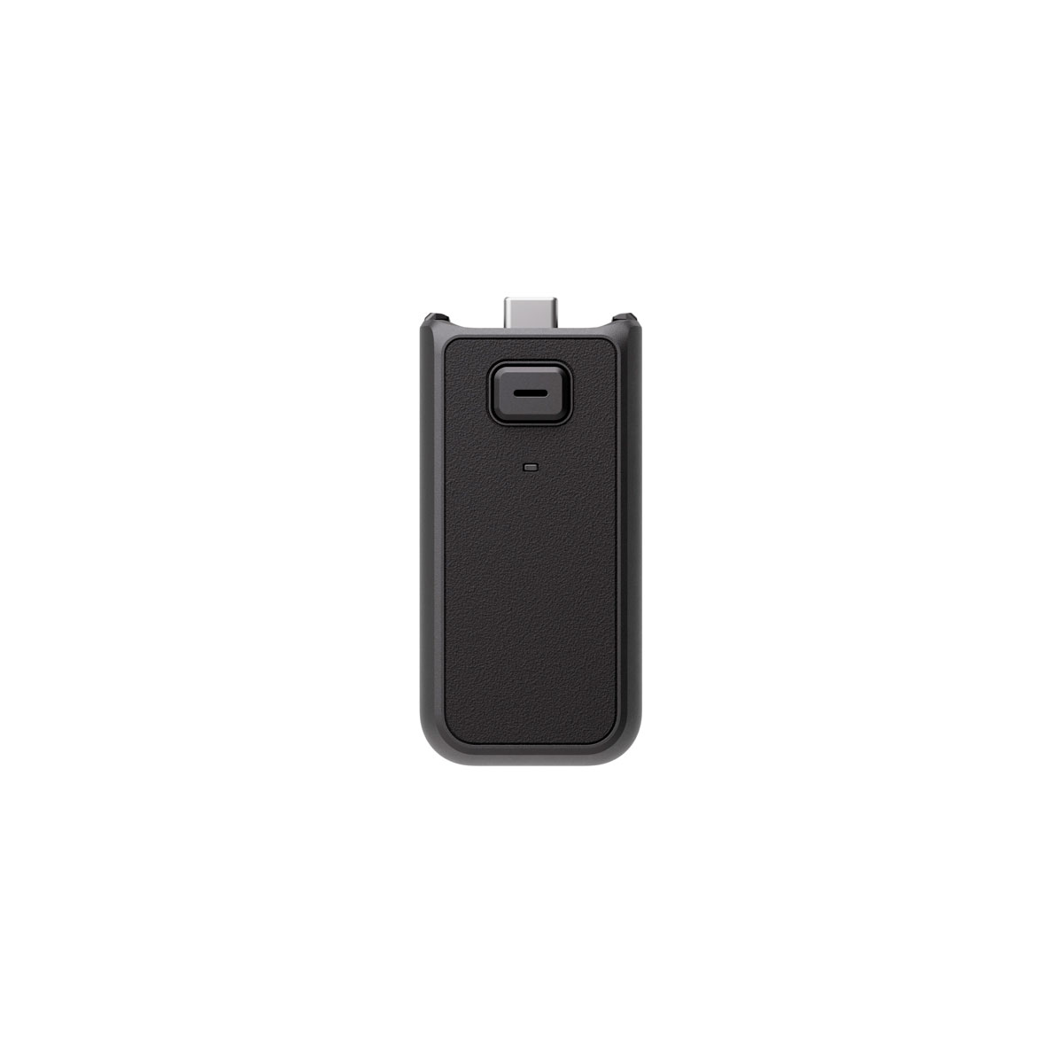 DJI_Osmo_3_003 DJI Osmo Pocket 3:n akkukahva -akkukahva, musta ja suorakulmainen, sisältää pienen USB-C-liittimen yläosassa ja sen alapuolella olevan painikkeen, joka on keskitetty valkoista taustaa vasten.