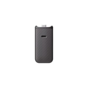 The DJI Osmo Pocket 3 Battery Grip Battery Grip is a black, textured accessory with diagonal grooves, a USB-C port in the middle and a small connector at the top, pictured with a white background.