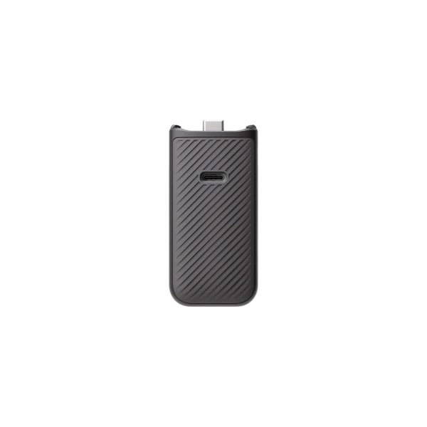 The DJI Osmo Pocket 3 Battery Grip Battery Grip is a black, textured accessory with diagonal grooves, a USB-C port in the middle and a small connector at the top, pictured with a white background.