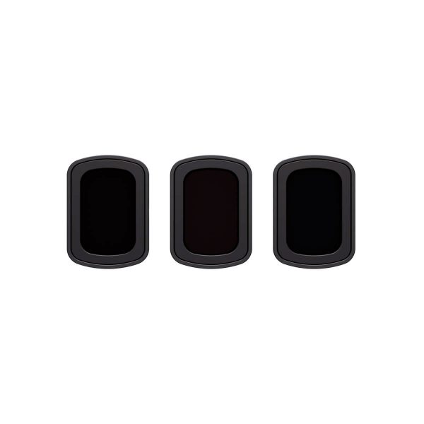 DJI_Osmo_3_009 Three identical DJI Osmo Pocket 3 Magnetic Filters Set, black rectangles with rounded edges outlined in grey, are placed side by side on a plain white background.