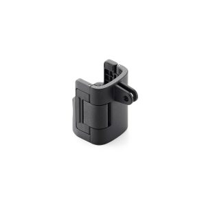 The DJI Osmo Pocket 3 Expansion Adapter is a black, compact plastic bracket with a hinge and a mounting hole for attaching accessories, shown in white.