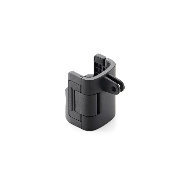 The DJI Osmo Pocket 3 Expansion Adapter is a black, compact plastic bracket with a hinge and a mounting hole for attaching accessories, shown in white.