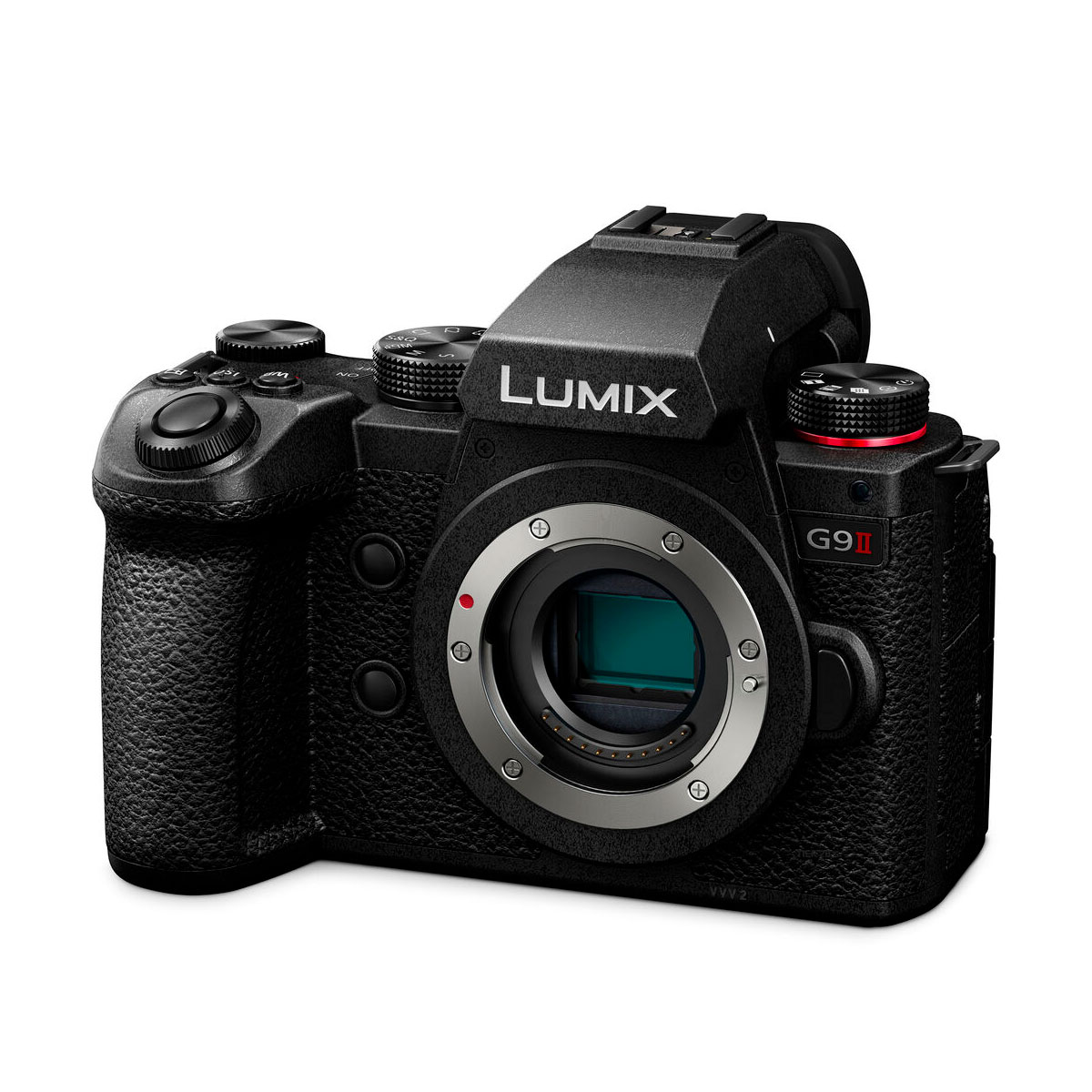 Panasonic Lumix G9 II -järjestelmäkamera runko mustana, esittelee objektiivikiinnityksen, kuvioidun otepinnan sekä useita painikkeita ja säätimiä, LUMIX-logo etupuolella.