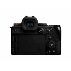 The rear view of the Panasonic Lumix G9 II + 12-60mm LEICA F2.8-4.0 Kit shows the electronic viewfinder, LCD screen, control buttons and textured grip on the right.