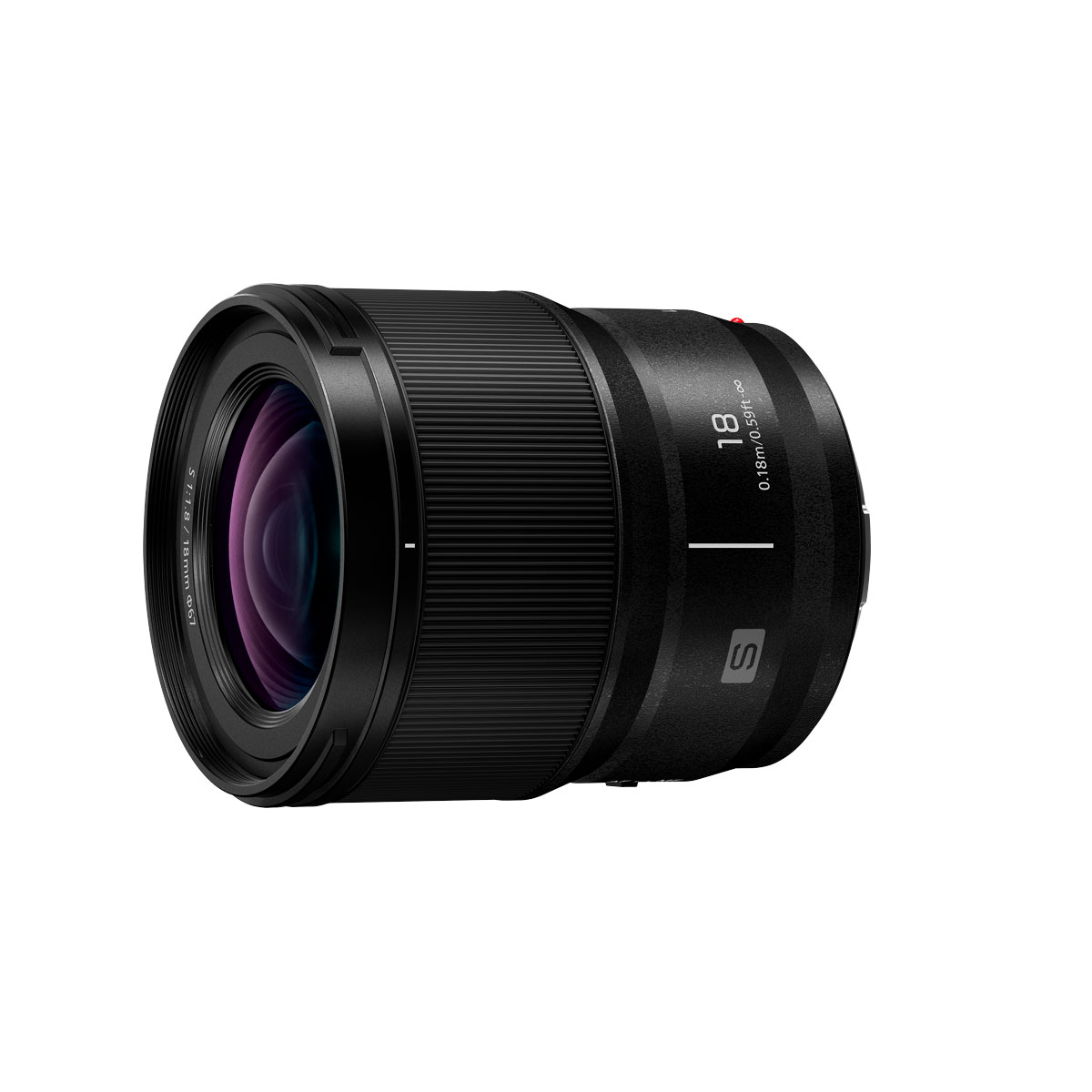 The Panasonic Lumix S 18mm f/1.8 lens, black with the "18" and "S" markings, is aimed at a white background. Its glass elements show and reflect subtle colours.
